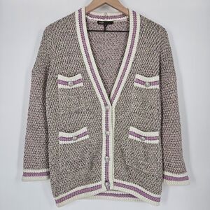 Maje Pink Metallic Tweed Effect Mapado Cardigan Sweater